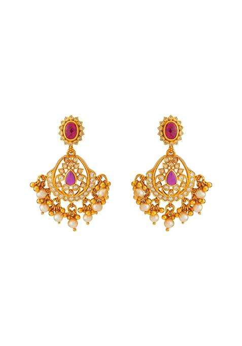 Kushals Fashion Jewellery Ruby Gold Plated 925 Silver Temple Hanging Earrings for Women