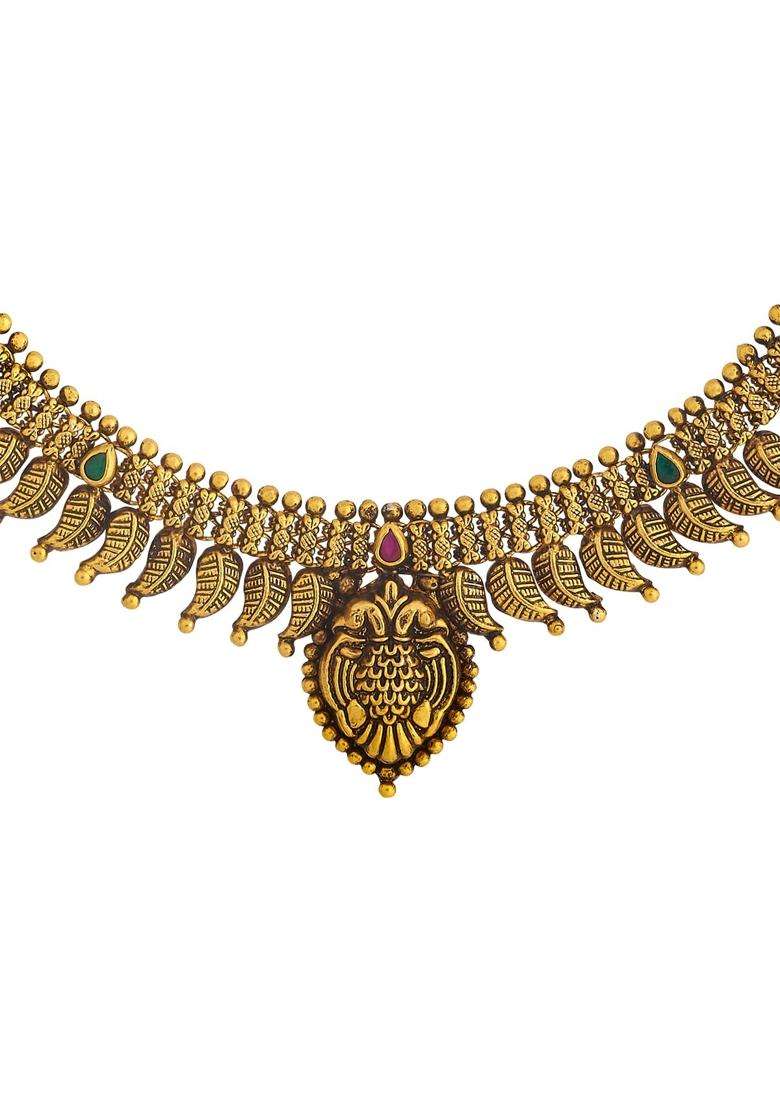 Kushals Fashion Jewellery Ruby Green Oxidised Gold Plated 925 Silver Temple Necklace for Women - Indya