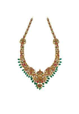 Kushals Fashion Jewellery Ruby Green Oxidised Gold Plated 925 Silver Temple Long Necklace for Women