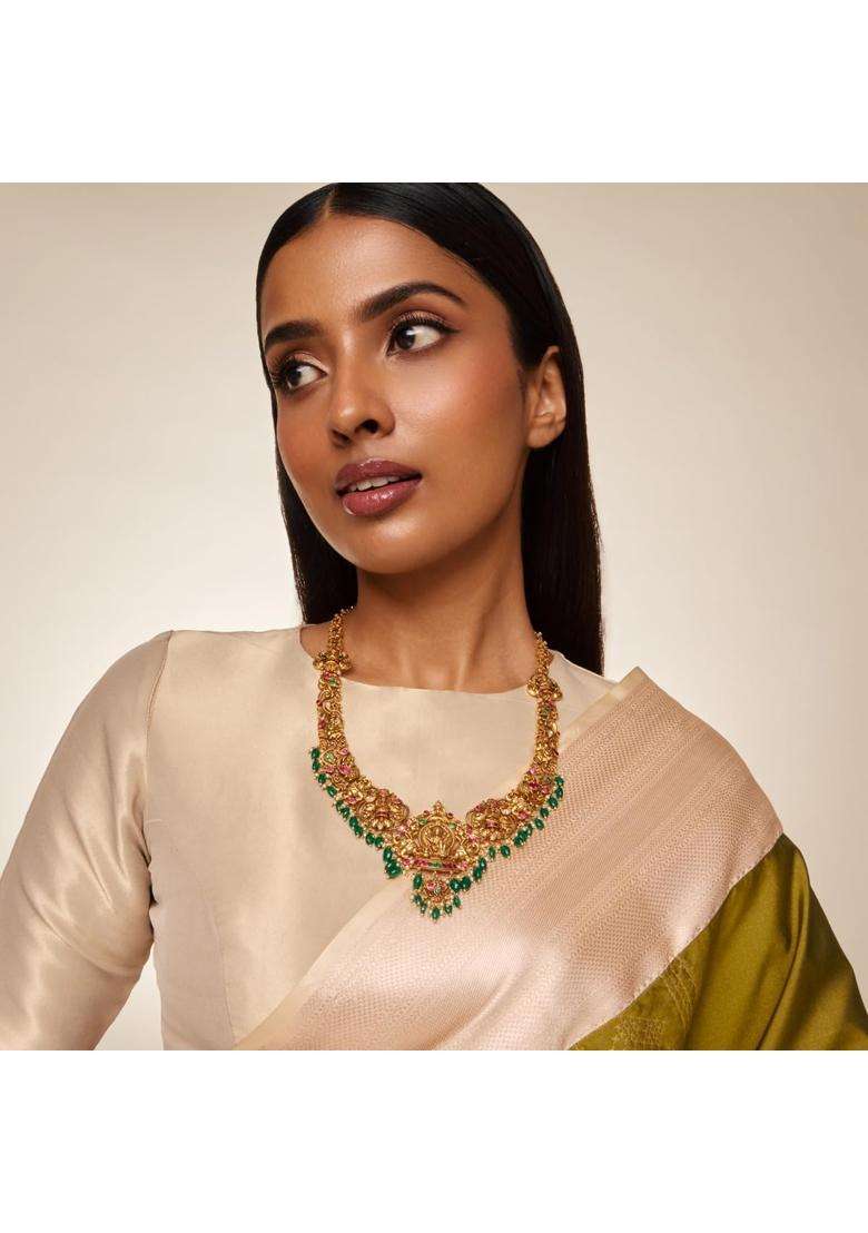 Kushals Fashion Jewellery Ruby Green Oxidised Gold Plated 925 Silver Temple Long Necklace for Women - Indya