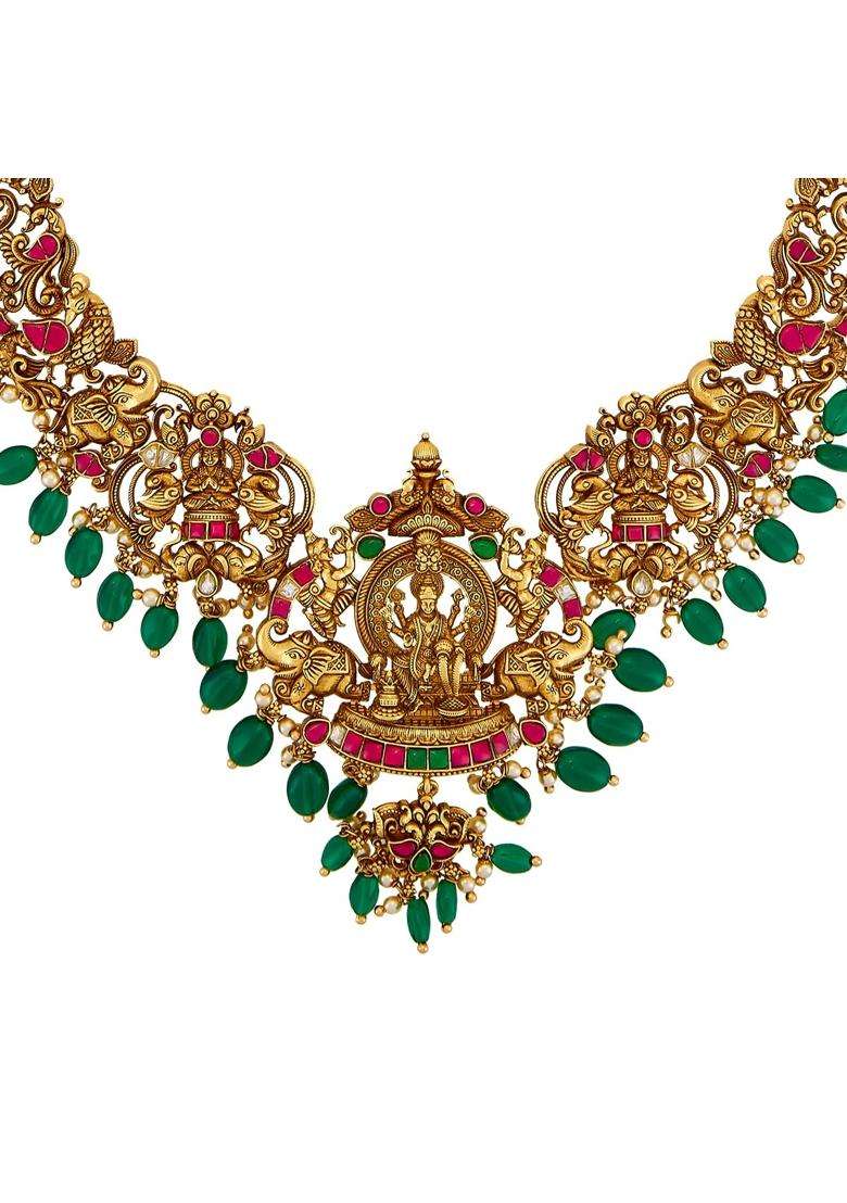 Kushals Fashion Jewellery Ruby Green Oxidised Gold Plated 925 Silver Temple Long Necklace for Women - Indya
