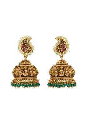 Kushals Fashion Jewellery Ruby Green Oxidised Gold Plated 925 Silver Temple Jhumka Earrings for Women