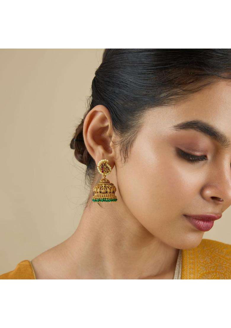 Kushals Fashion Jewellery Ruby Green Oxidised Gold Plated 925 Silver Temple Jhumka Earrings for Women - Indya
