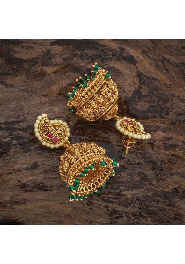 Kushals Fashion Jewellery Ruby Green Oxidised Gold Plated 925 Silver Temple Jhumka Earrings for Women - Indya