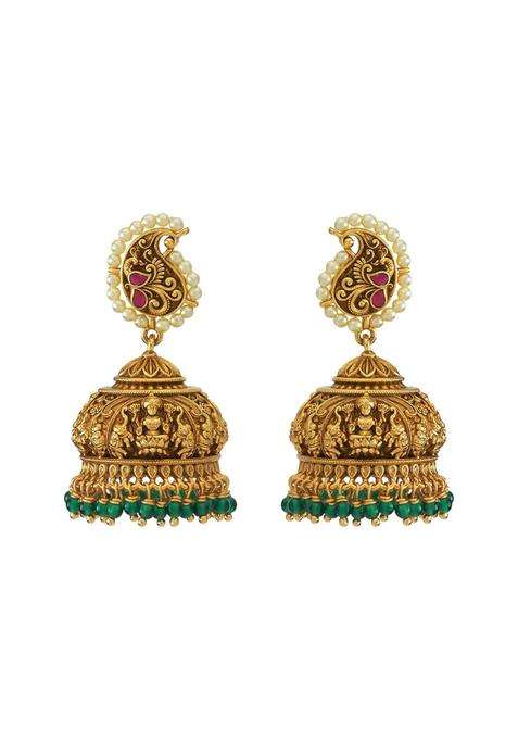 Kushals Fashion Jewellery Ruby Green Oxidised Gold Plated 925 Silver Temple Jhumka Earrings for Women