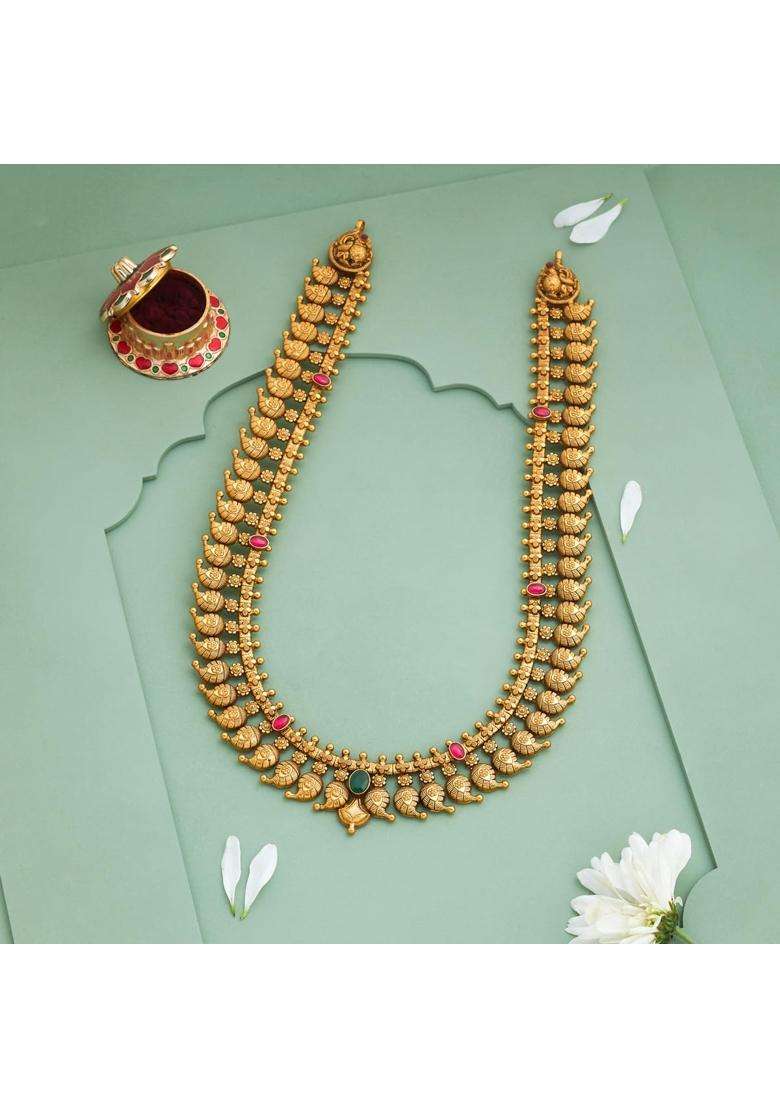 Kushals Fashion Jewellery Ruby Green Oxidised Gold Plated 925 Silver Temple Long Necklace for Women - Indya