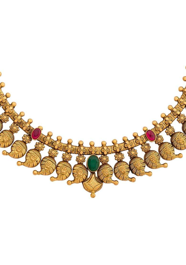Kushals Fashion Jewellery Ruby Green Oxidised Gold Plated 925 Silver Temple Long Necklace for Women - Indya