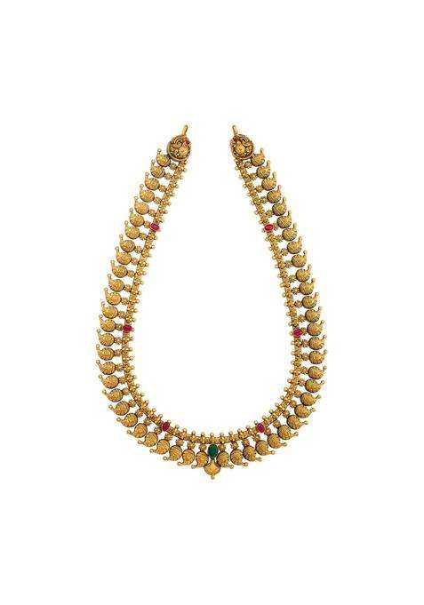 Kushals Fashion Jewellery Ruby Green Oxidised Gold Plated 925 Silver Temple Long Necklace for Women