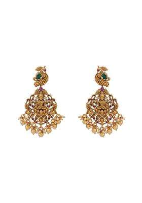 Kushals Fashion Jewellery Ruby Green Oxidised Gold Plated Ethnic 925 Pure Silver Temple Earring