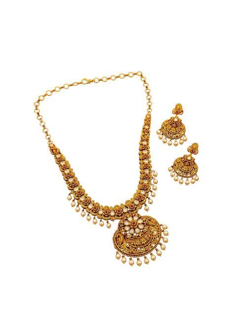 Gold Plated Temple South Indian Necklace Set with Earrings Copper Base American Diamond Stones Ruby Accents