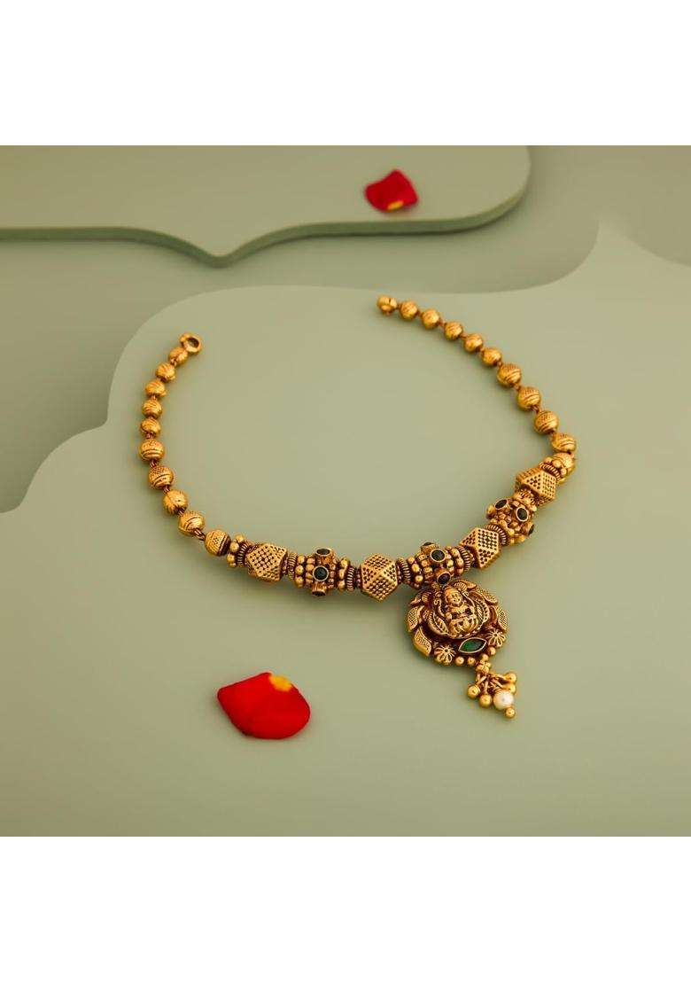 Kushals Fashion Jewellery Green Oxidised Gold Plated 925 Silver Temple Necklace for Women - Indya