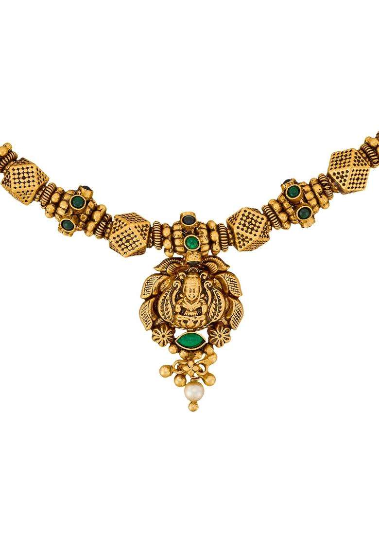 Kushals Fashion Jewellery Green Oxidised Gold Plated 925 Silver Temple Necklace for Women - Indya