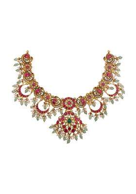Kushals Fashion Jewellery Ruby Green Oxidised Gold Plated 925 Silver Temple Necklace for Women