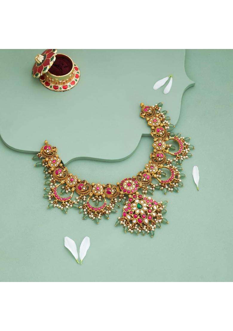 Kushals Fashion Jewellery Ruby Green Oxidised Gold Plated 925 Silver Temple Necklace for Women - Indya