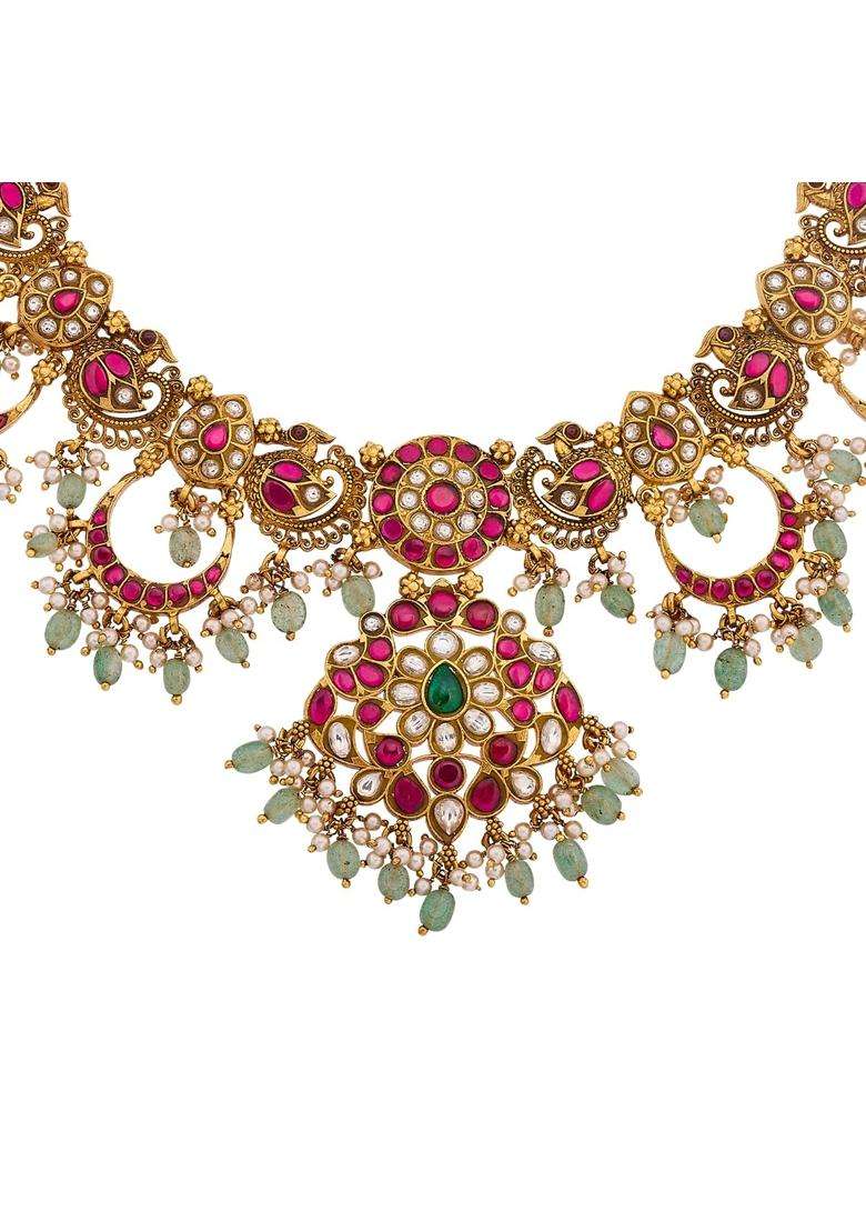 Kushals Fashion Jewellery Ruby Green Oxidised Gold Plated 925 Silver Temple Necklace for Women - Indya
