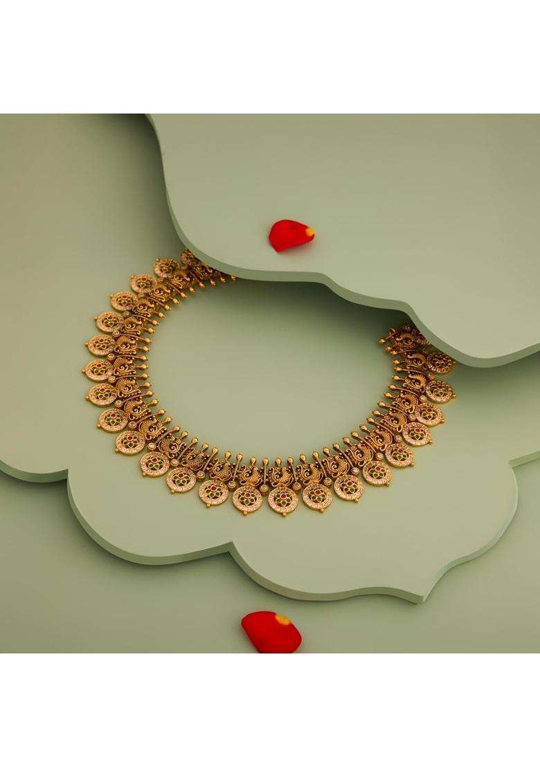 Kushals Fashion Jewellery Ruby Green Oxidised Gold Plated 925 Silver Temple Necklace for Women - Indya