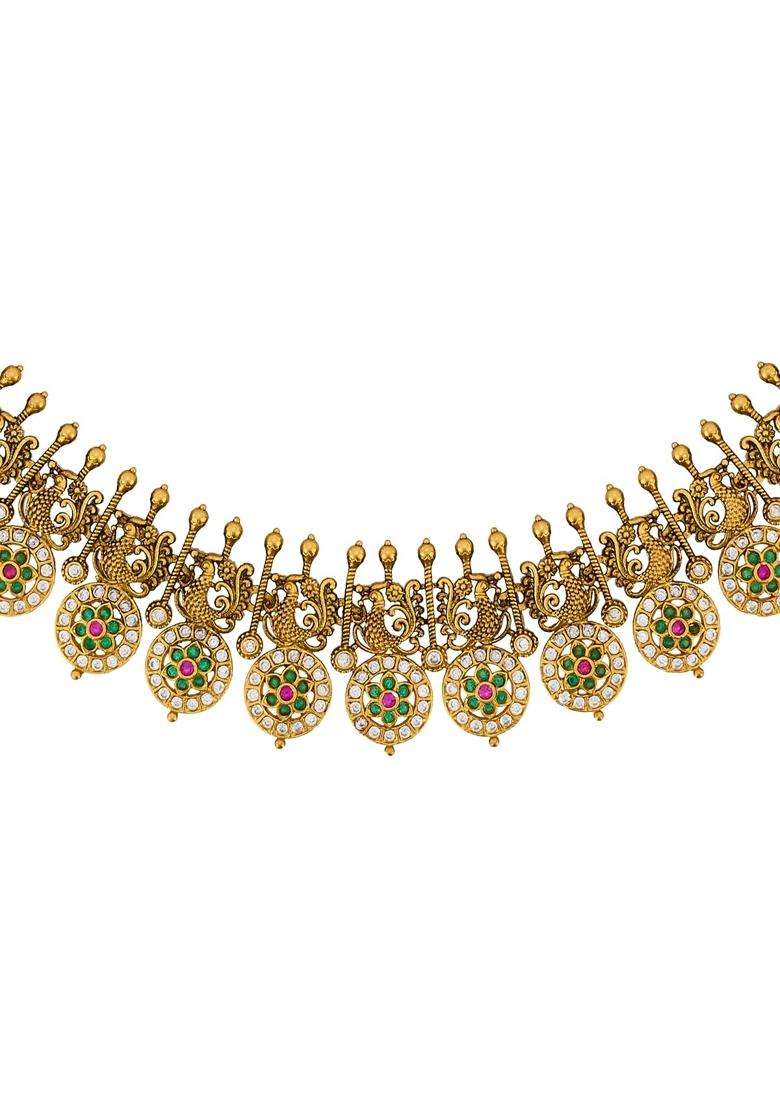 Kushals Fashion Jewellery Ruby Green Oxidised Gold Plated 925 Silver Temple Necklace for Women - Indya