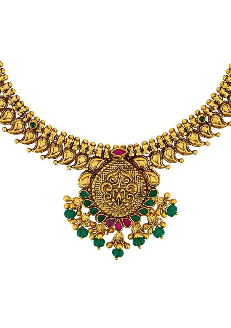 Kushals Fashion Jewellery Ruby Green Oxidised Gold Plated 925 Silver Temple Long Necklace for Women - Indya