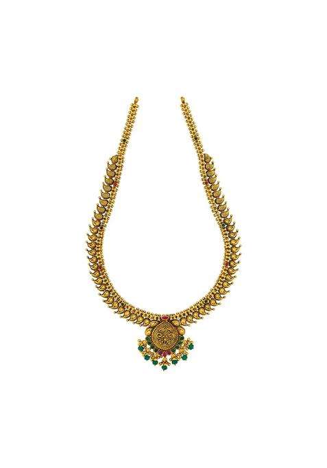 Kushals Fashion Jewellery Ruby Green Oxidised Gold Plated 925 Silver Temple Long Necklace for Women