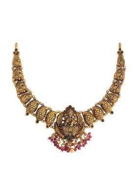 Kushals Fashion Jewellery Ruby Green Oxidised Gold Plated 925 Silver Temple Necklace for Women
