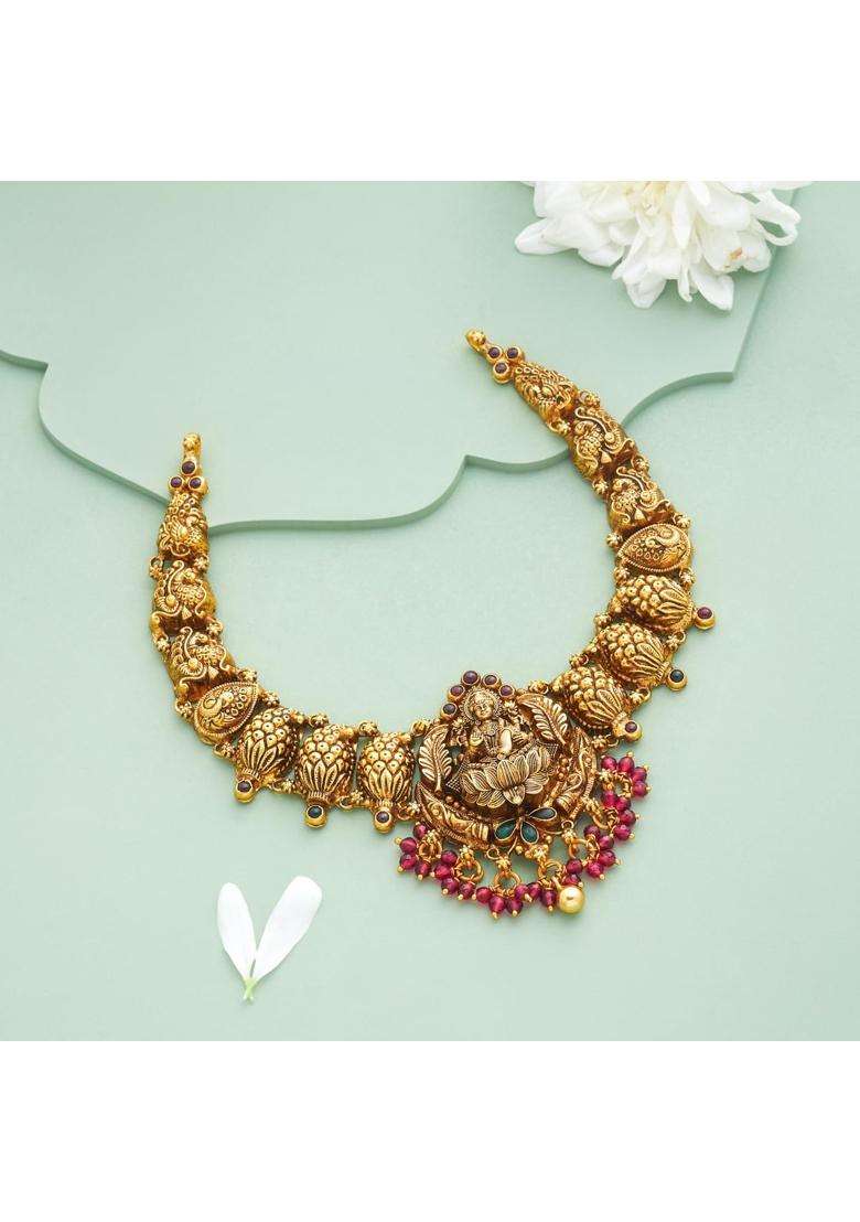 Kushals Fashion Jewellery Ruby Green Oxidised Gold Plated 925 Silver Temple Necklace for Women - Indya
