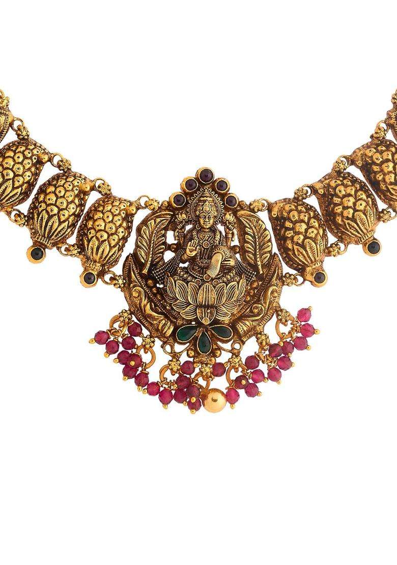 Kushals Fashion Jewellery Ruby Green Oxidised Gold Plated 925 Silver Temple Necklace for Women - Indya
