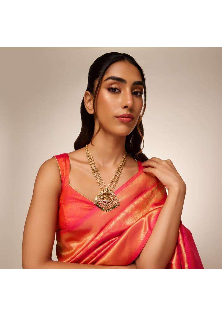 Kushals Fashion Jewellery Ruby Green Oxidised Gold Plated 925 Silver Temple Long Necklace for Women - Indya