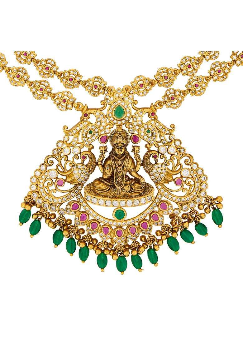 Kushals Fashion Jewellery Ruby Green Oxidised Gold Plated 925 Silver Temple Long Necklace for Women - Indya