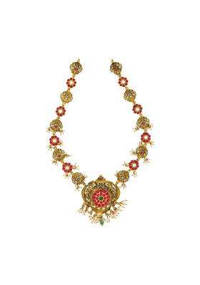 Kushals Fashion Jewellery Ruby Green Oxidised Gold Plated 925 Silver Temple Long Necklace for Women