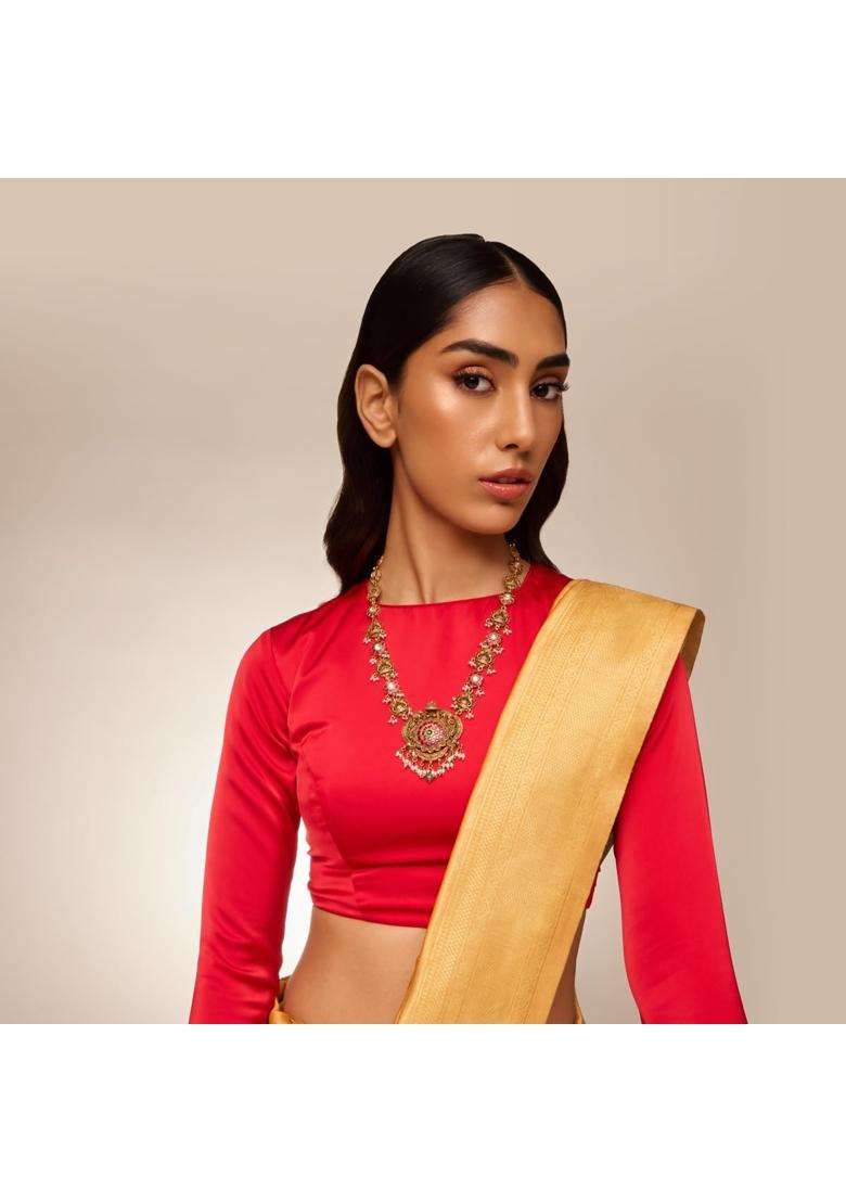 Kushals Fashion Jewellery Ruby Green Oxidised Gold Plated 925 Silver Temple Long Necklace for Women - Indya