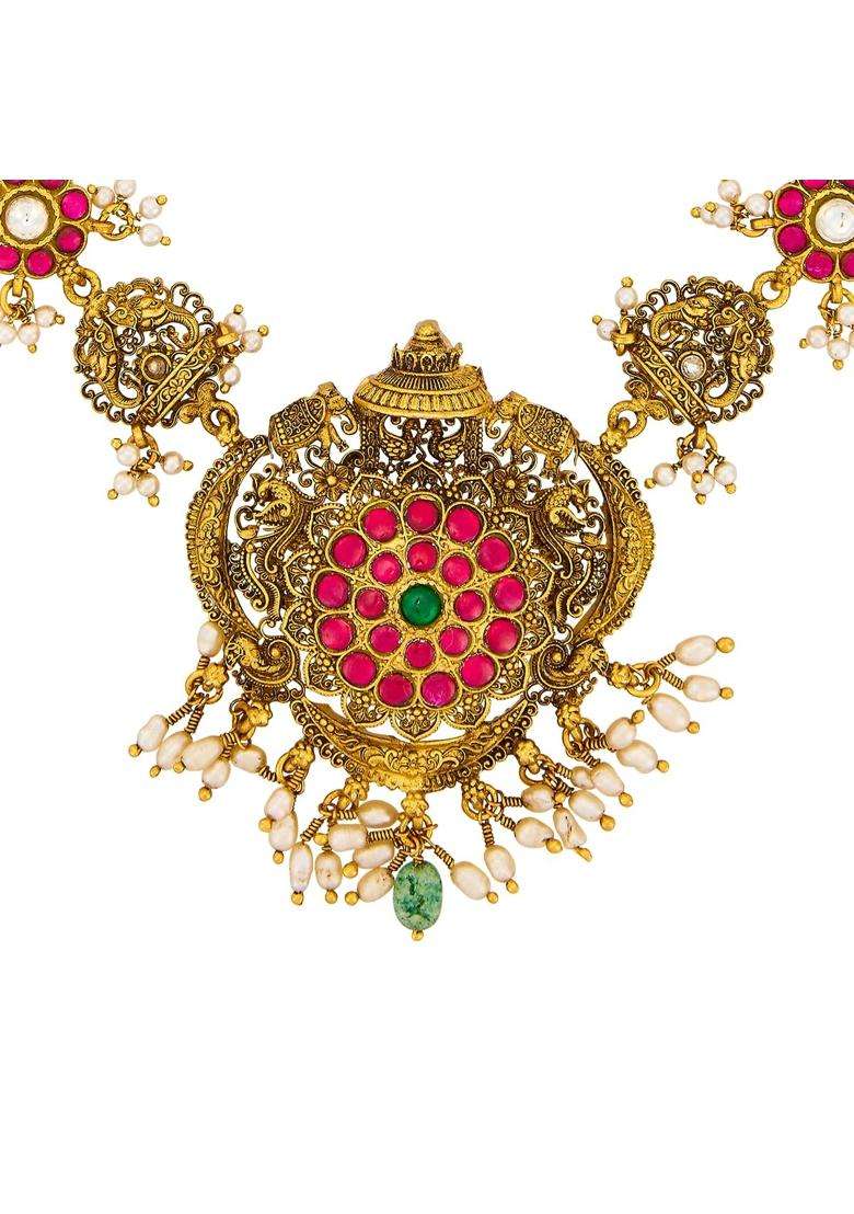 Kushals Fashion Jewellery Ruby Green Oxidised Gold Plated 925 Silver Temple Long Necklace for Women - Indya