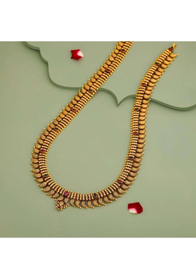 Kushals Fashion Jewellery Ruby Green Oxidised Gold Plated 925 Silver Temple Long Necklace for Women - Indya