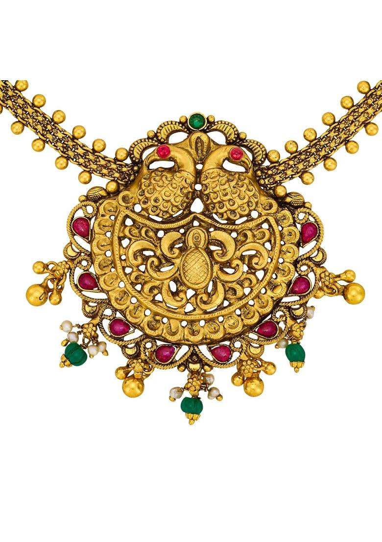 Kushals Fashion Jewellery Ruby Green Oxidised Gold Plated 925 Silver Temple Necklace for Women - Indya