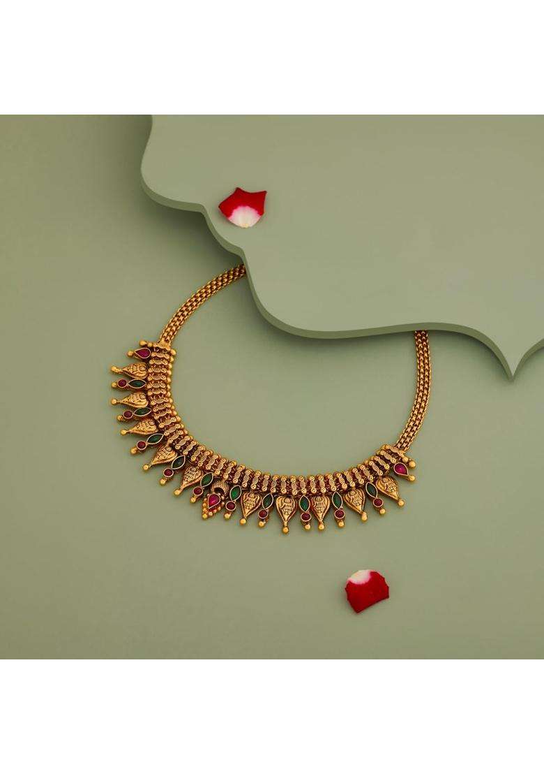 Kushals Fashion Jewellery Ruby Green Oxidised Gold Plated 925 Silver Temple Necklace for Women - Indya