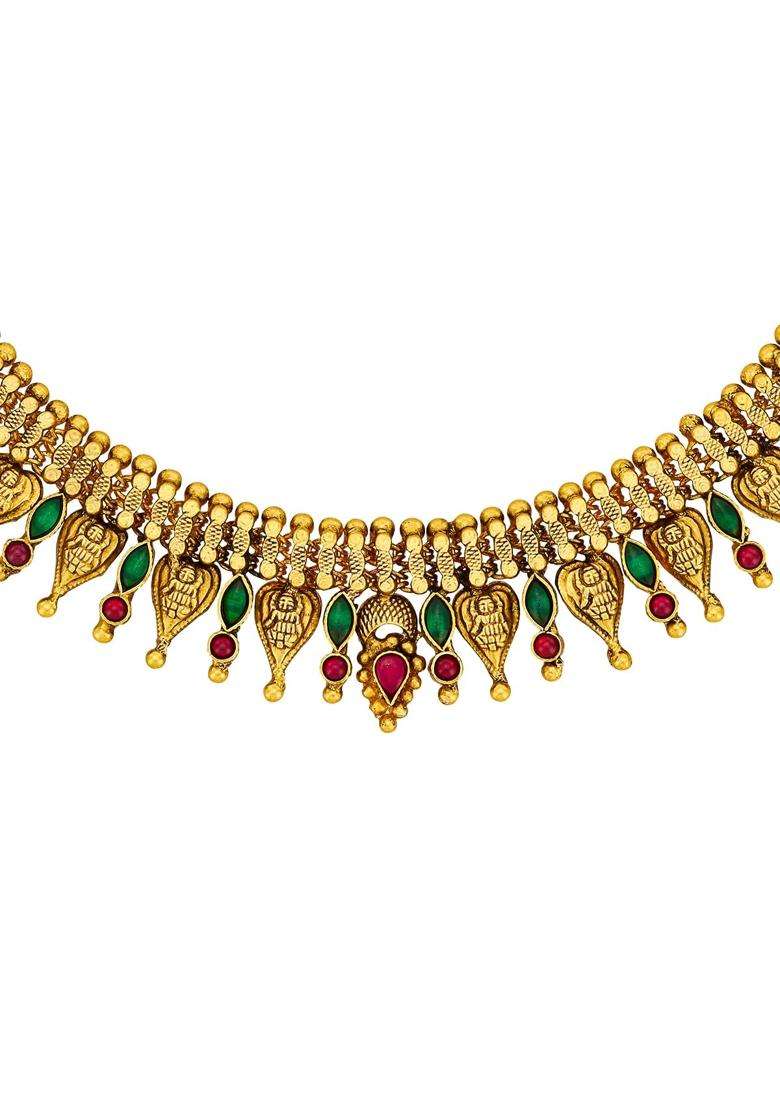 Kushals Fashion Jewellery Ruby Green Oxidised Gold Plated 925 Silver Temple Necklace for Women - Indya
