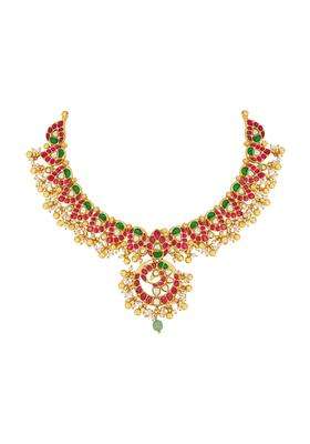 Kushals Fashion Jewellery Ruby Green Gold Plated 925 Silver Temple Necklace for Women