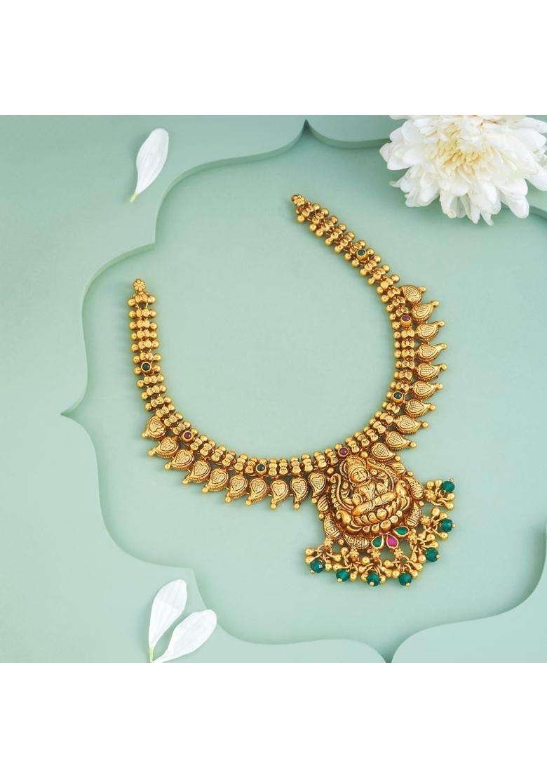 Kushals Fashion Jewellery Ruby Green Oxidised Gold Plated 925 Silver Temple Necklace for Women - Indya