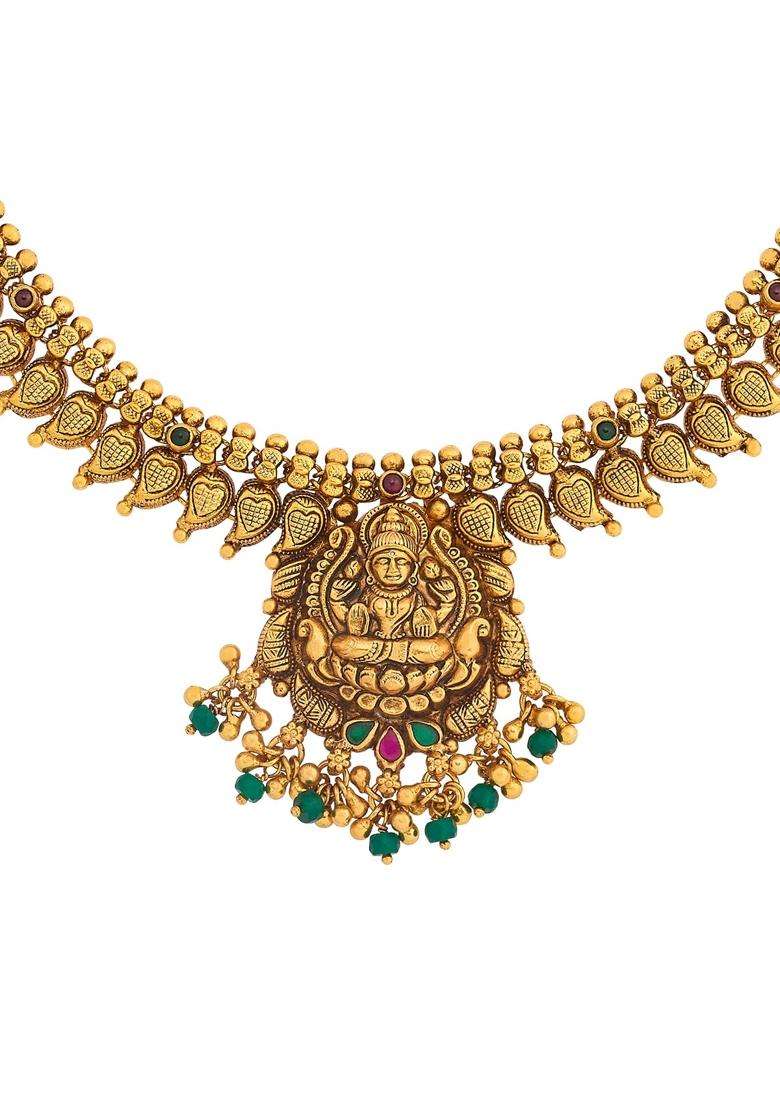 Kushals Fashion Jewellery Ruby Green Oxidised Gold Plated 925 Silver Temple Necklace for Women - Indya