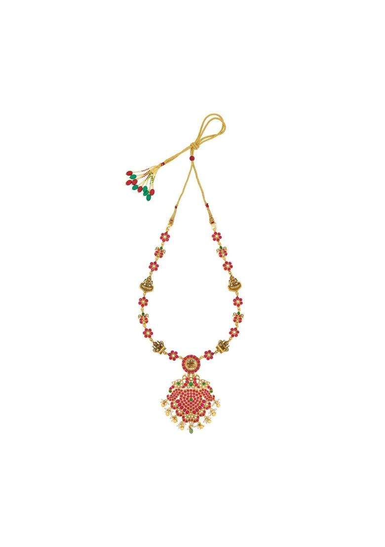 Kushals Fashion Jewellery Ruby Green Oxidised Gold Plated 925 Silver Temple Long Necklace for Women - Indya