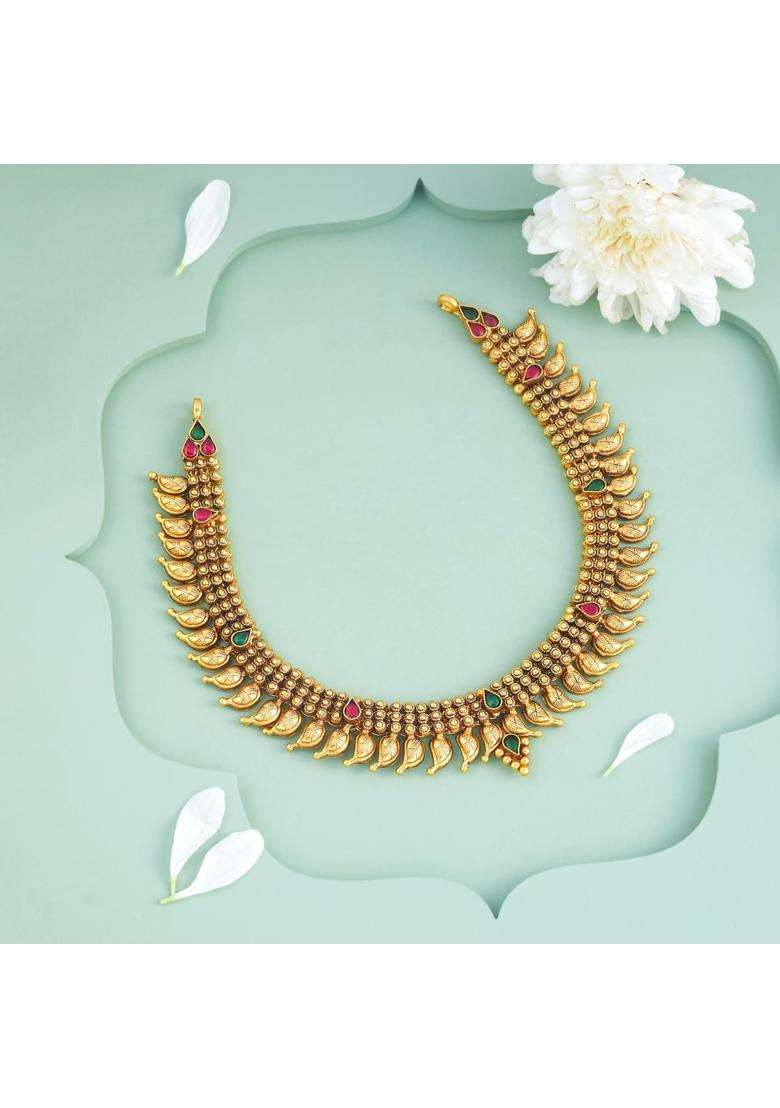 Kushals Fashion Jewellery Ruby Green Oxidised Gold Plated 925 Silver Temple Necklace for Women - Indya
