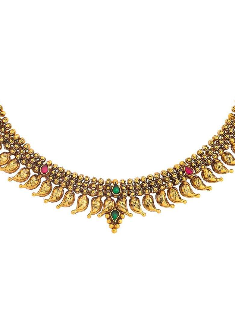 Kushals Fashion Jewellery Ruby Green Oxidised Gold Plated 925 Silver Temple Necklace for Women - Indya