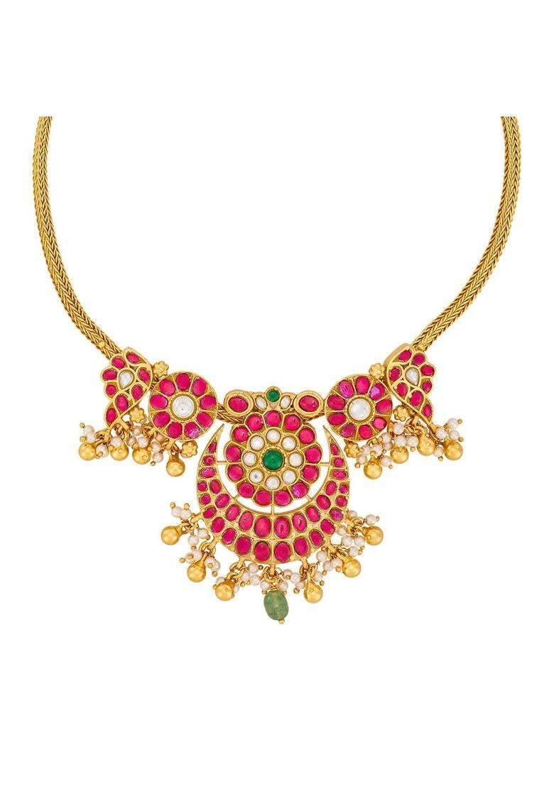 Kushals Fashion Jewellery Ruby Green Gold Plated 925 Silver Temple Necklace for Women - Indya