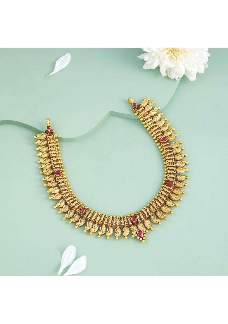 Kushals Fashion Jewellery Ruby Oxidised Gold Plated 925 Silver Temple Necklace for Women - Indya