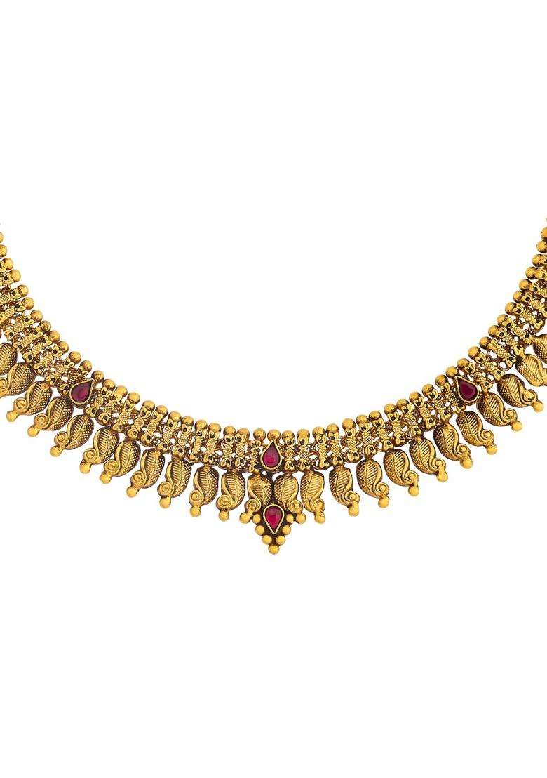 Kushals Fashion Jewellery Ruby Oxidised Gold Plated 925 Silver Temple Necklace for Women - Indya