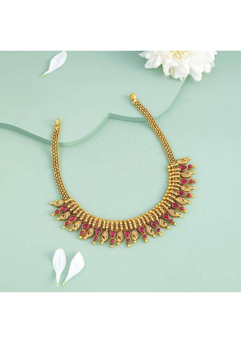 Kushals Fashion Jewellery Ruby Oxidised Gold Plated 925 Silver Temple Necklace for Women - Indya