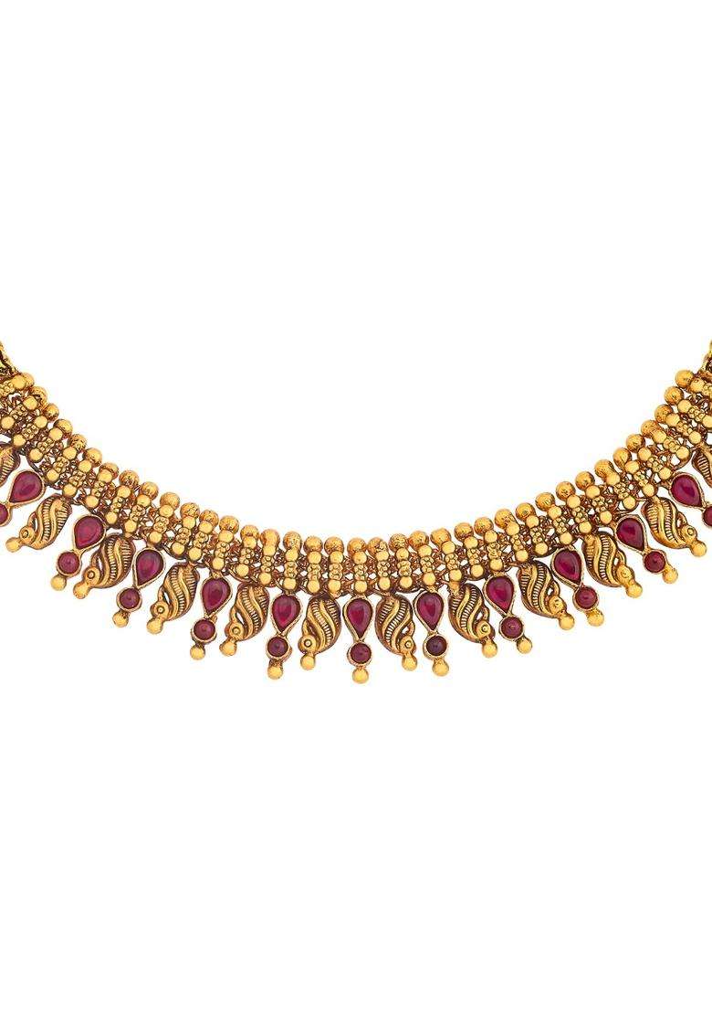 Kushals Fashion Jewellery Ruby Oxidised Gold Plated 925 Silver Temple Necklace for Women - Indya