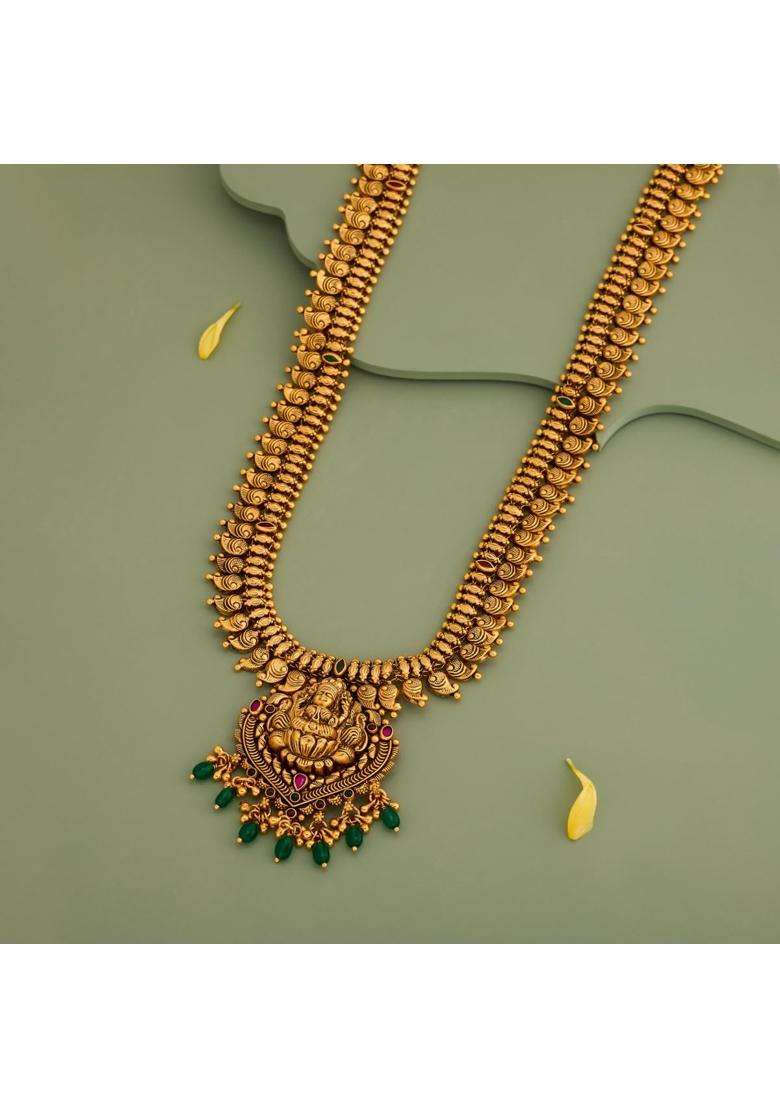 Kushals Fashion Jewellery Ruby Green Oxidised Gold Plated 925 Silver Temple Long Necklace for Women - Indya