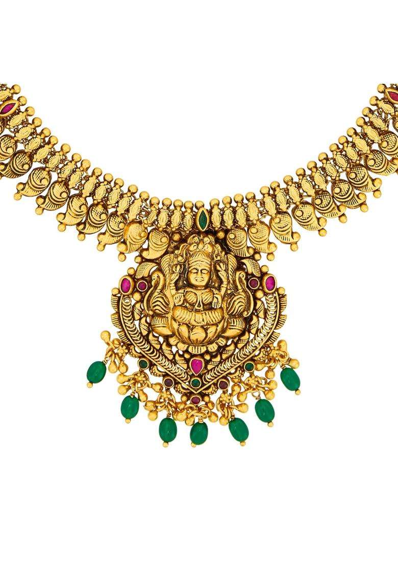 Kushals Fashion Jewellery Ruby Green Oxidised Gold Plated 925 Silver Temple Long Necklace for Women - Indya