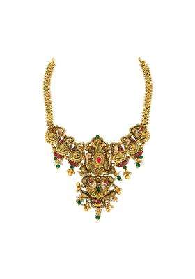 Kushals Fashion Jewellery Ruby Green Oxidised Gold Plated 925 Silver Temple Necklace for Women