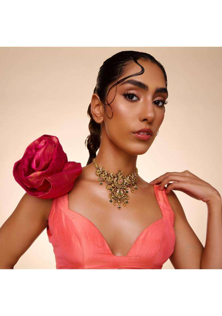 Kushals Fashion Jewellery Ruby Green Oxidised Gold Plated 925 Silver Temple Necklace for Women - Indya